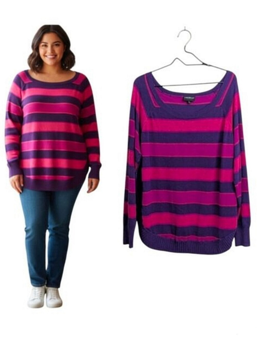 Lane Bryant Purple Pink Striped Sweater Size 18/20 Boat Neck Curved Hem Casual